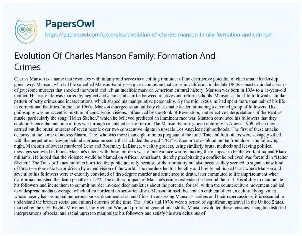 Essay on Evolution of Charles Manson Family: Formation and Crimes