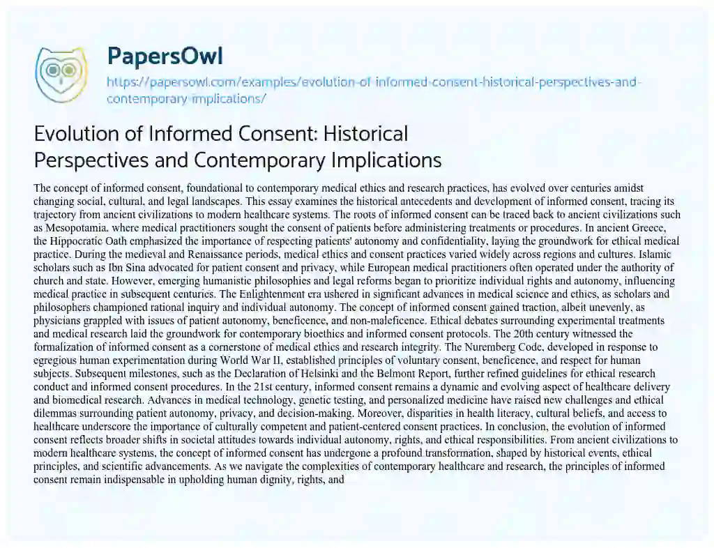 Essay on Evolution of Informed Consent: Historical Perspectives and Contemporary Implications