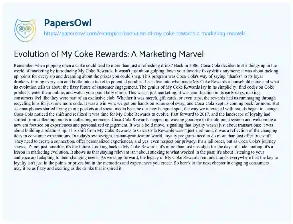 Essay on Evolution of my Coke Rewards: a Marketing Marvel