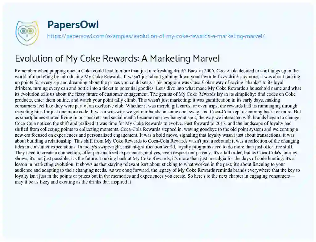 Essay on Evolution of My Coke Rewards: A Marketing Marvel