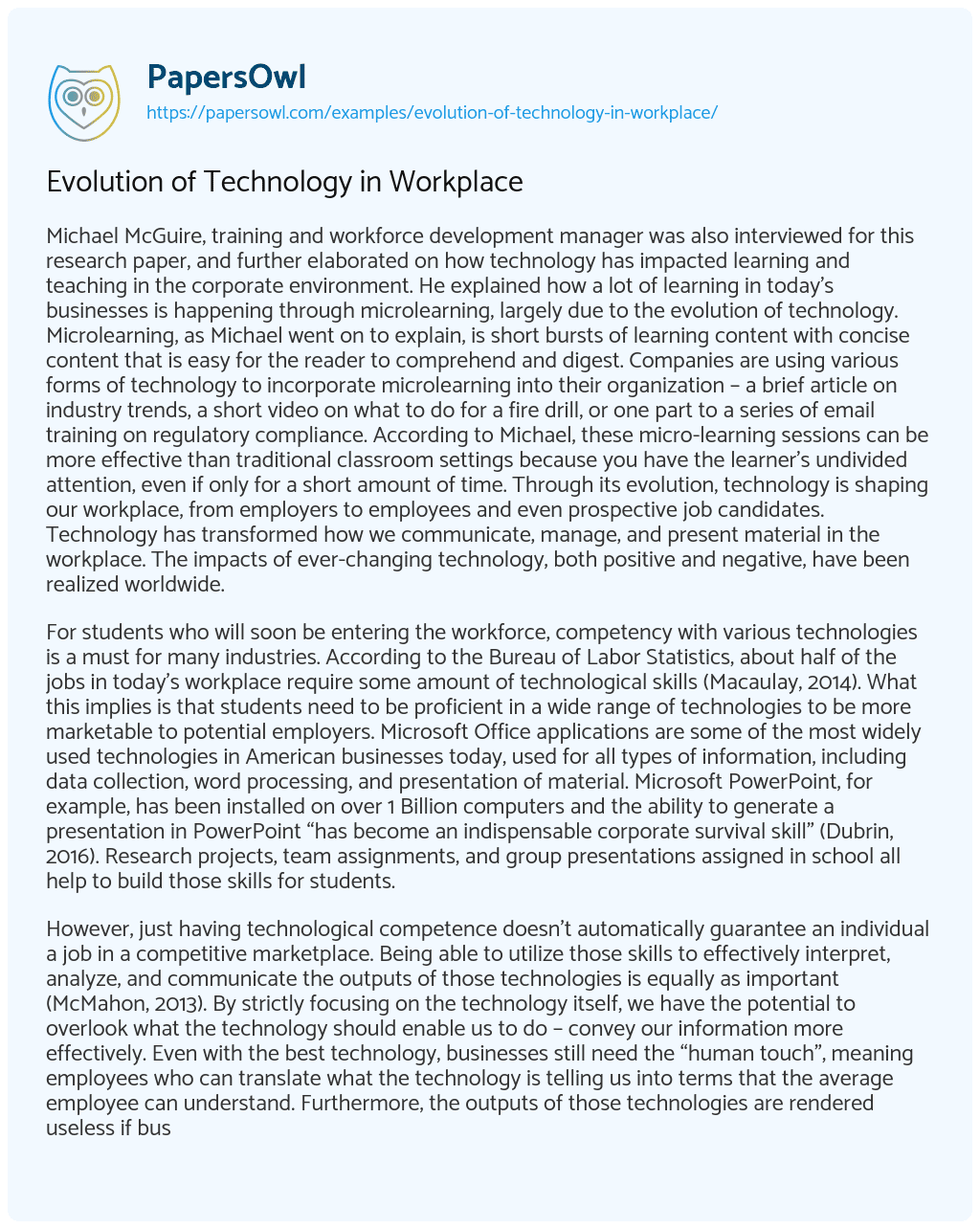 Essay on Evolution of Technology in Workplace