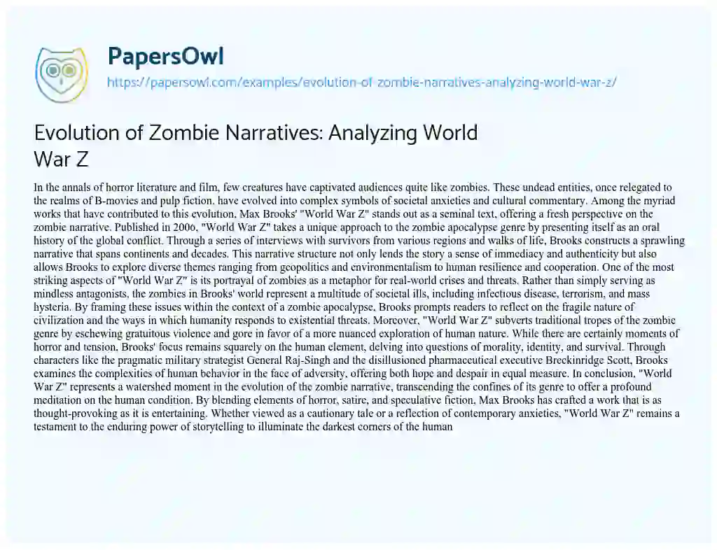 Essay on Evolution of Zombie Narratives: Analyzing World War Z