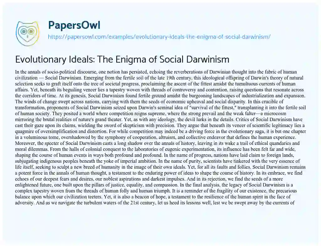 Essay on Evolutionary Ideals: the Enigma of Social Darwinism