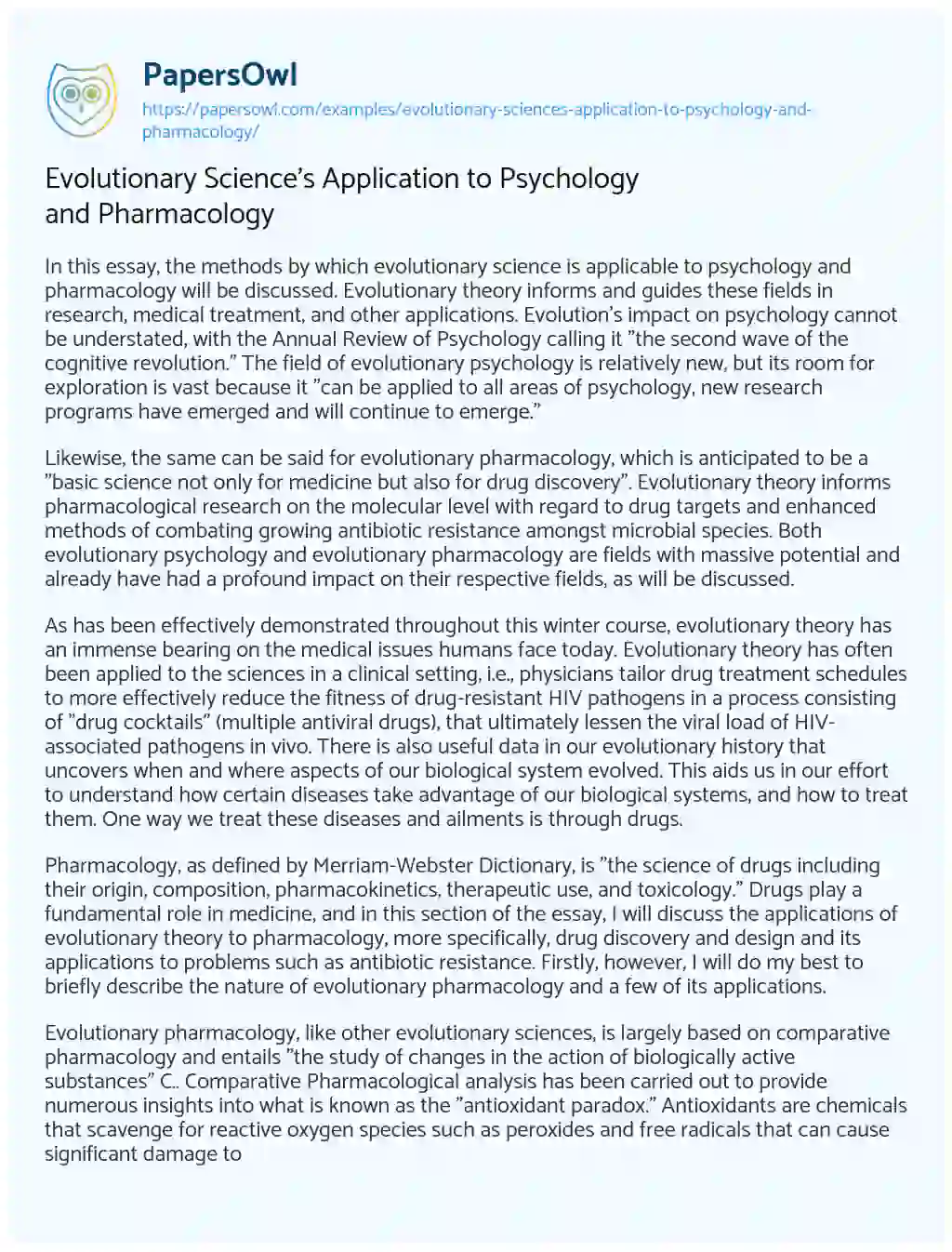 Essay on Evolutionary Science’s Application to Psychology and Pharmacology