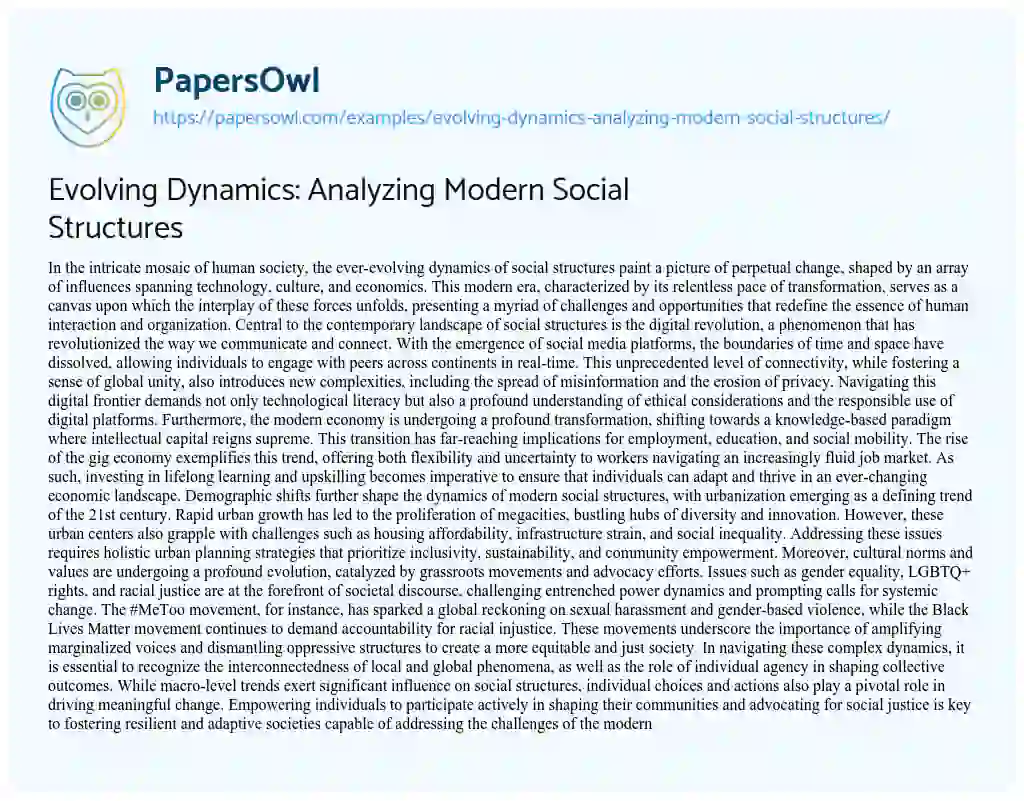 Essay on Evolving Dynamics: Analyzing Modern Social Structures