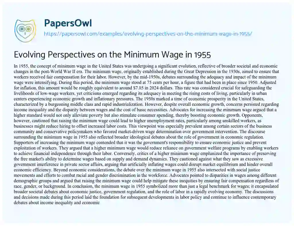 Essay on Evolving Perspectives on the Minimum Wage in 1955