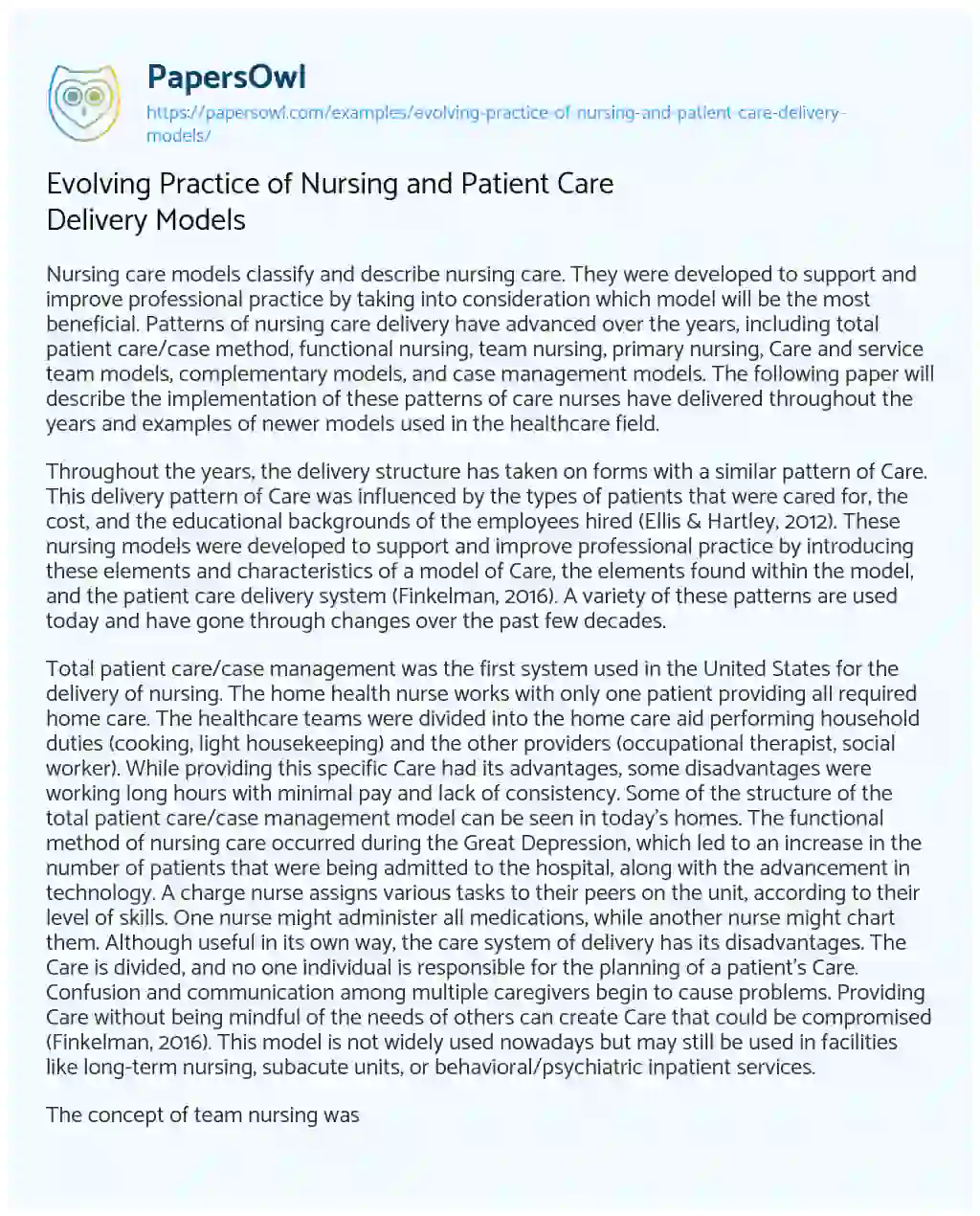 Essay on Evolving Practice of Nursing and Patient Care Delivery Models