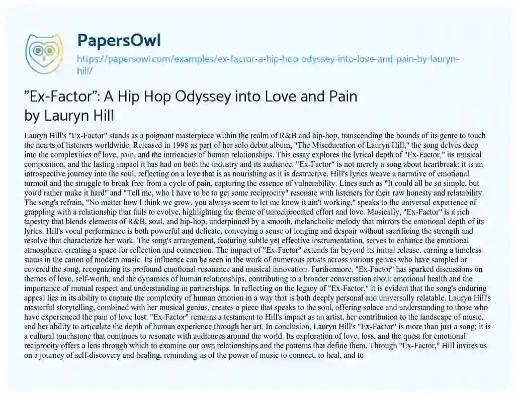 Essay on “Ex-Factor”: a Hip Hop Odyssey into Love and Pain by Lauryn Hill