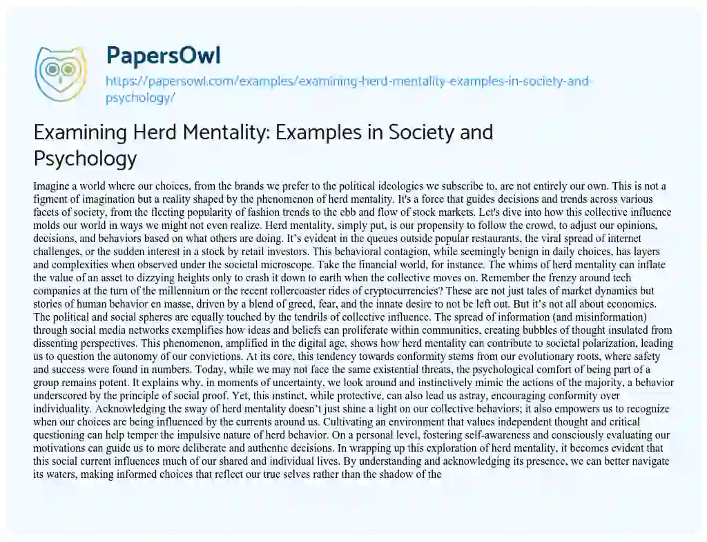 Essay on Examining Herd Mentality: Examples in Society and Psychology