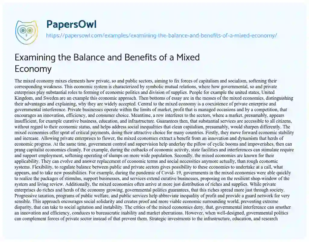 Essay on Examining the Balance and Benefits of a Mixed Economy