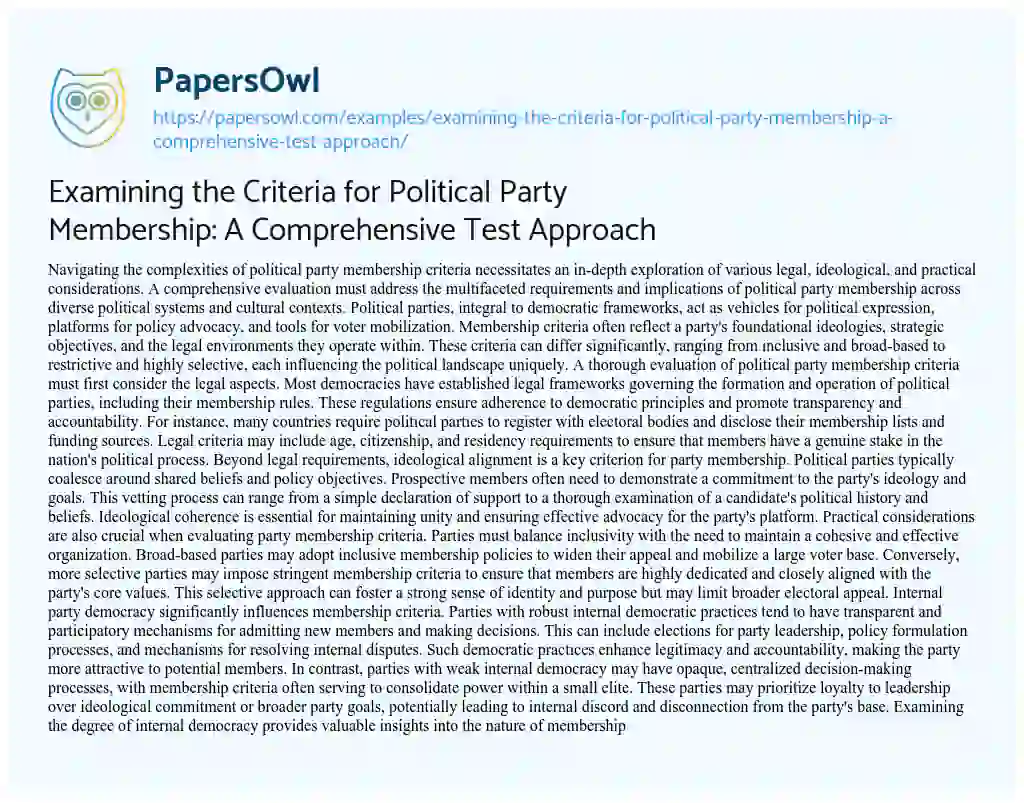 Essay on Examining the Criteria for Political Party Membership: a Comprehensive Test Approach