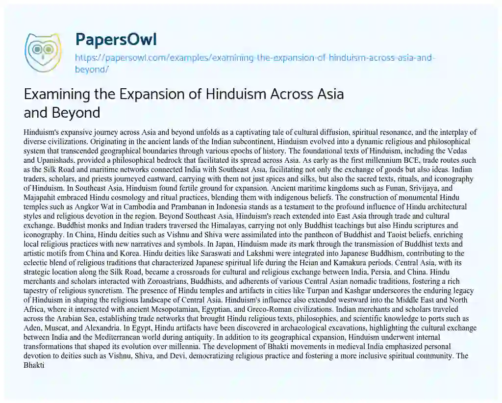 Essay on Examining the Expansion of Hinduism Across Asia and Beyond