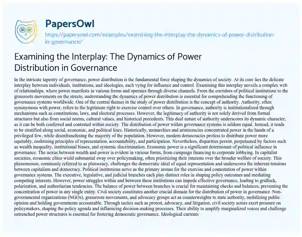 Essay on Examining the Interplay: the Dynamics of Power Distribution in Governance
