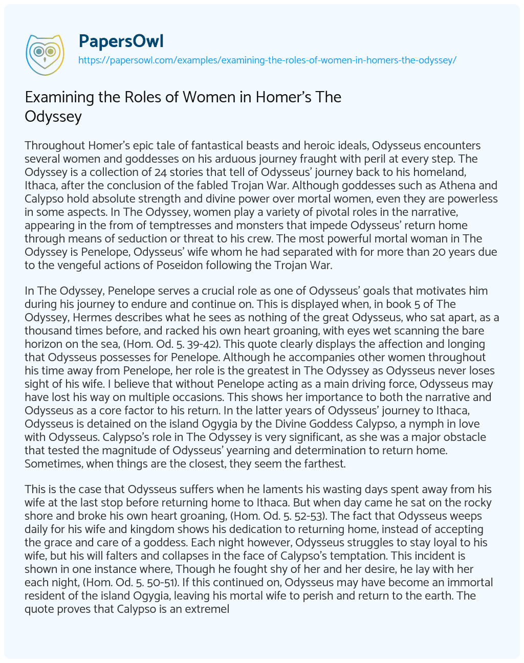 Essay on Examining the Roles of Women in Homer’s the Odyssey