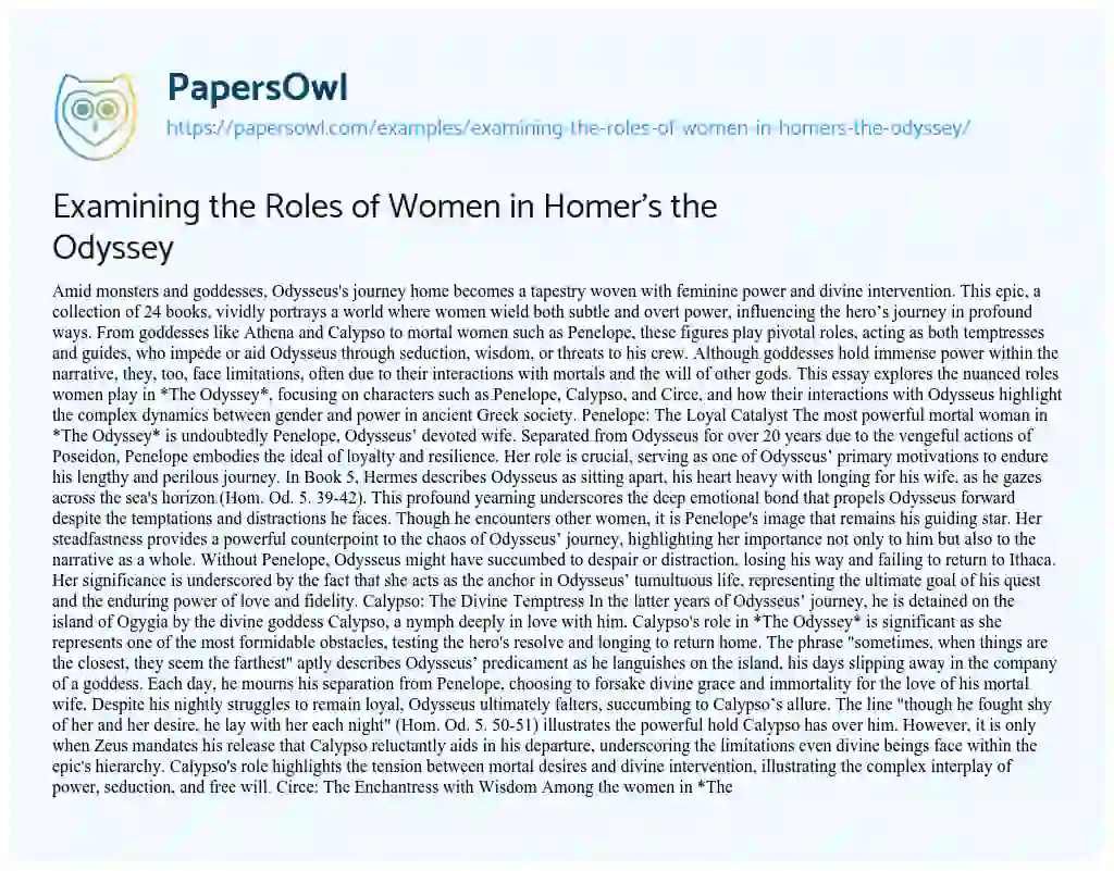 Essay on Examining the Roles of Women in Homer’s the Odyssey