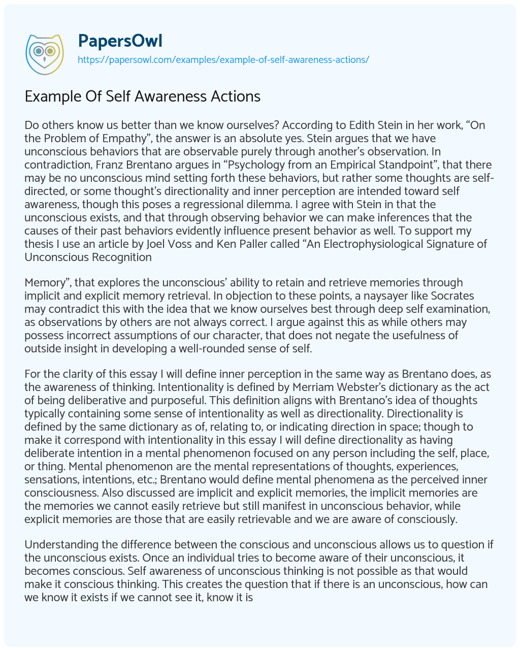 Essay on Example of Self Awareness Actions