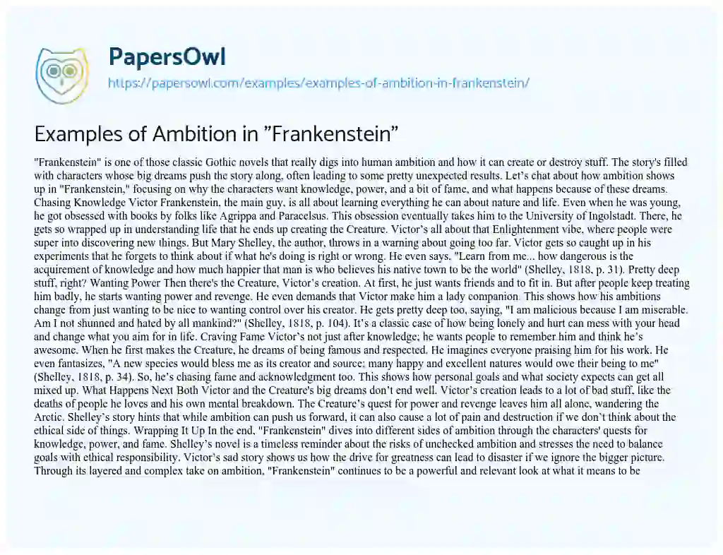 Essay on Examples of Ambition in “Frankenstein”