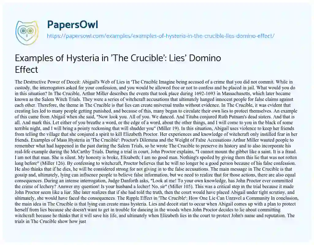 Essay on Examples of Hysteria in ‘The Crucible’: Lies’ Domino Effect