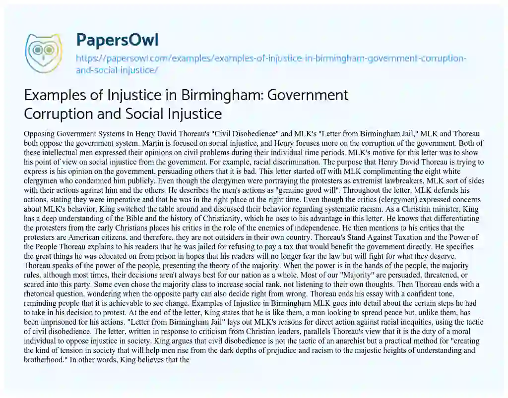 Essay on Examples of Injustice in Birmingham: Government Corruption and Social Injustice