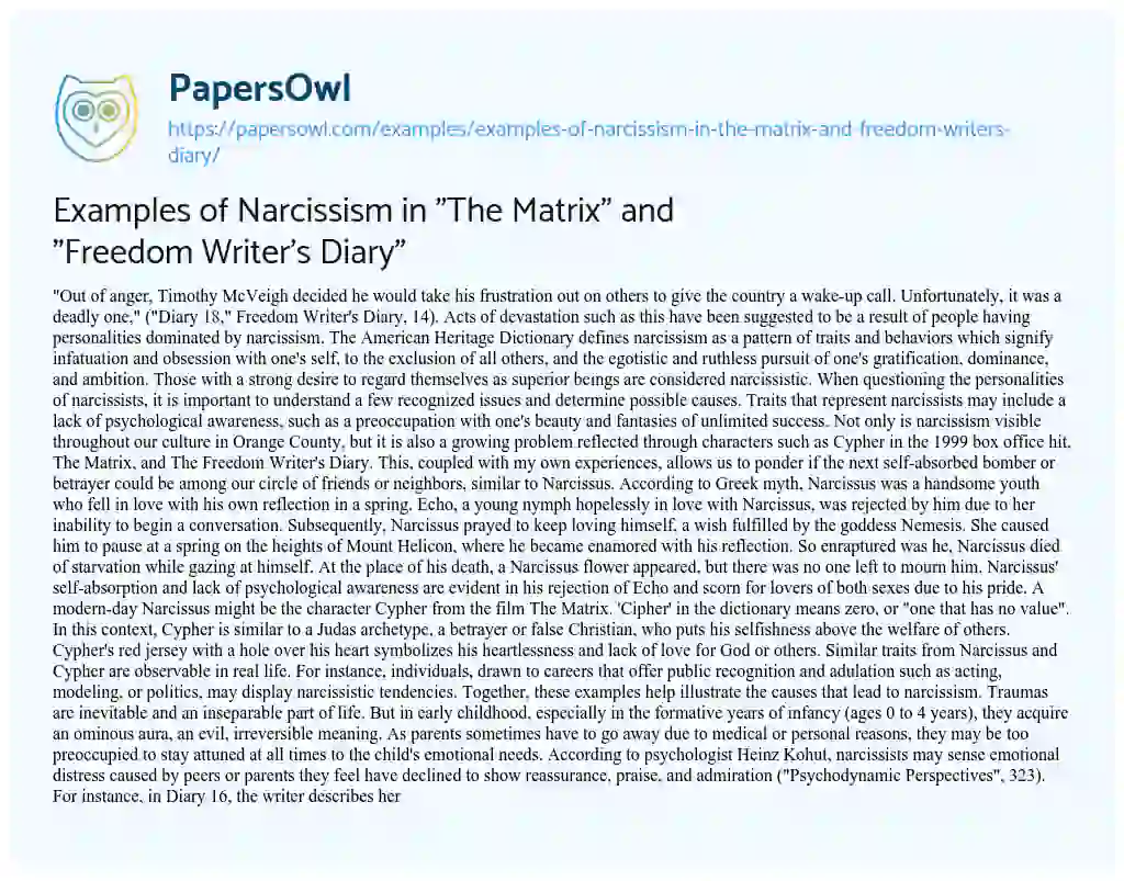 Essay on Examples of Narcissism in “The Matrix” and “Freedom Writer’s Diary”