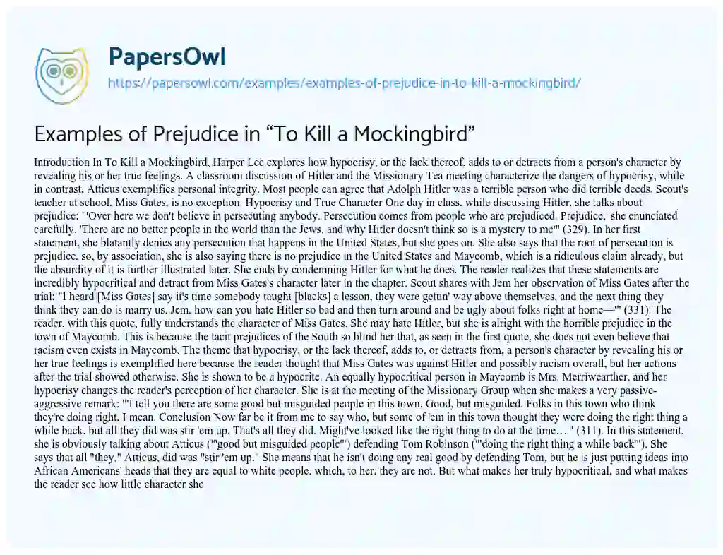 Essay on Examples of Prejudice in “To Kill a Mockingbird”
