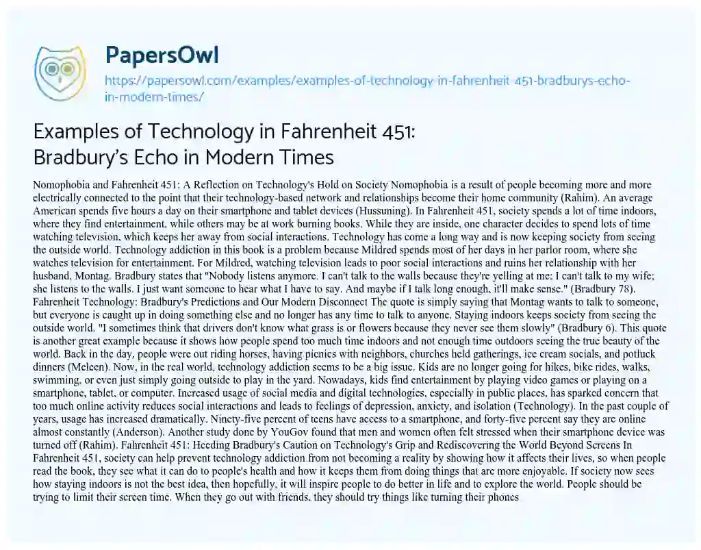 Essay on Examples of Technology in Fahrenheit 451: Bradbury’s Echo in Modern Times