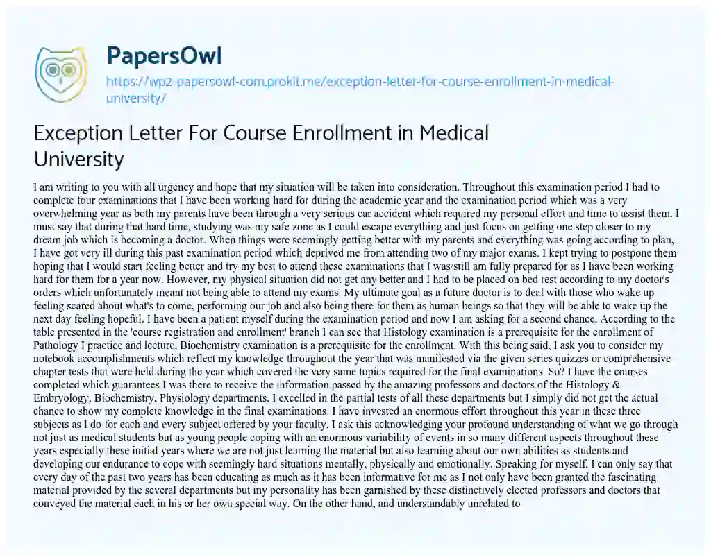 Exception Letter for Course Enrollment in Medical University essay