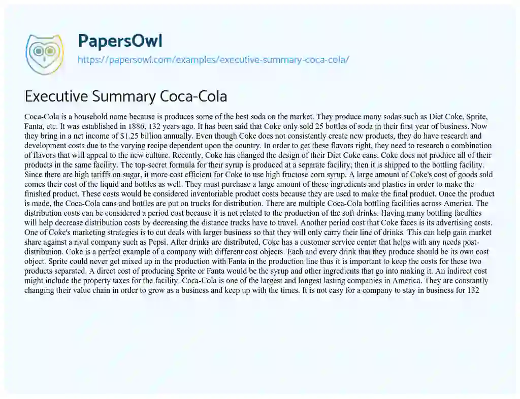 Essay on Executive Summary Coca-Cola