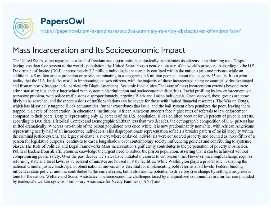 Essay on Mass Incarceration and Its Socioeconomic Impact