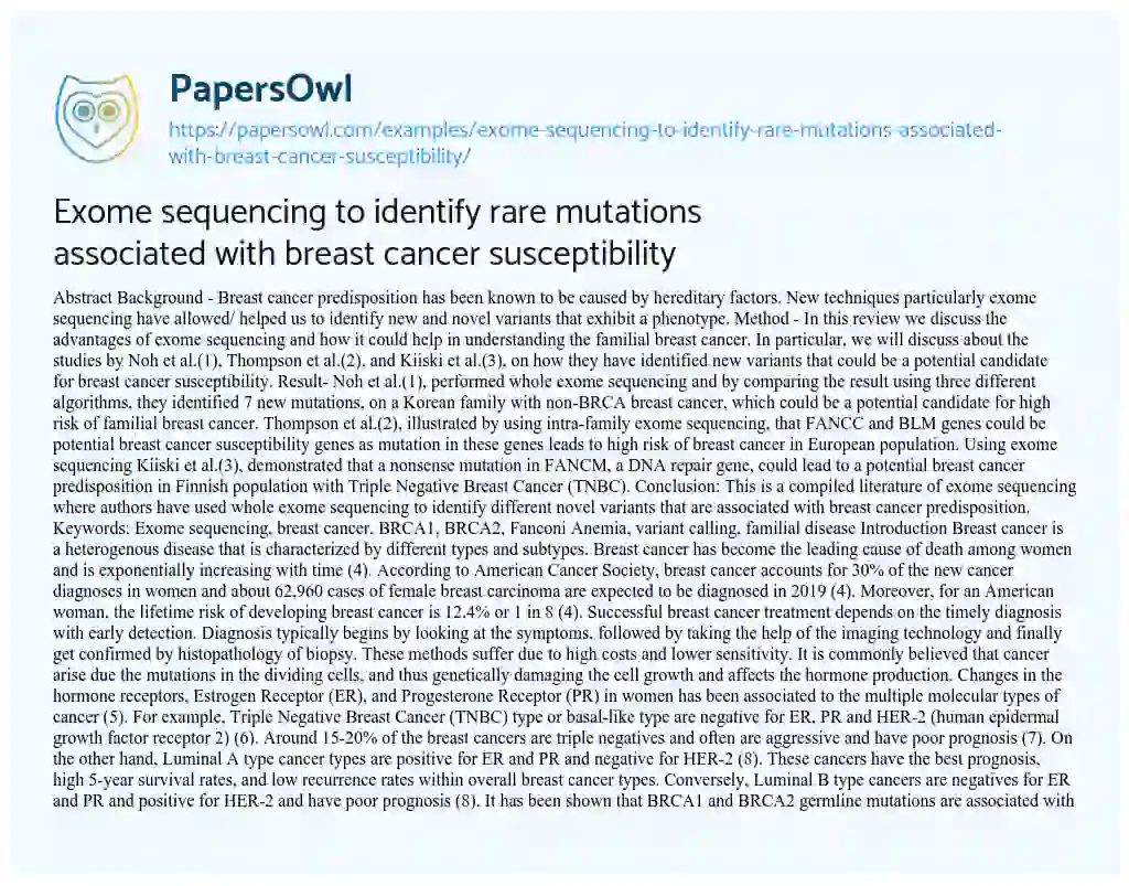 Essay on Exome Sequencing to Identify Rare Mutations Associated with Breast Cancer Susceptibility