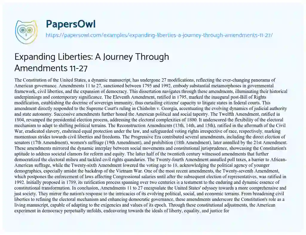 Essay on Expanding Liberties: a Journey through Amendments 11-27