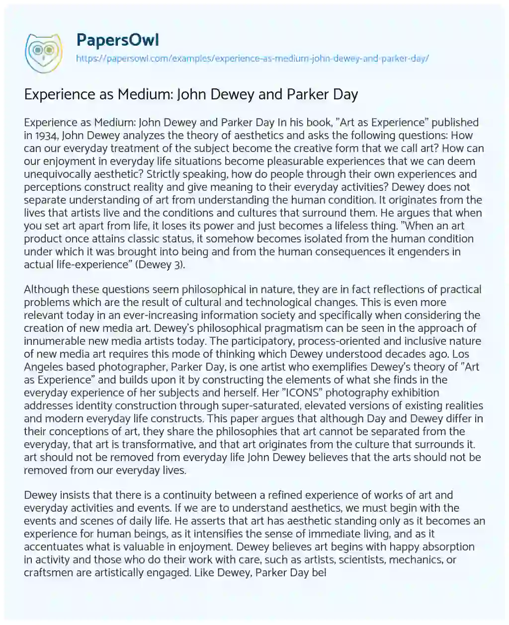 Essay on Experience as Medium: John Dewey and Parker Day