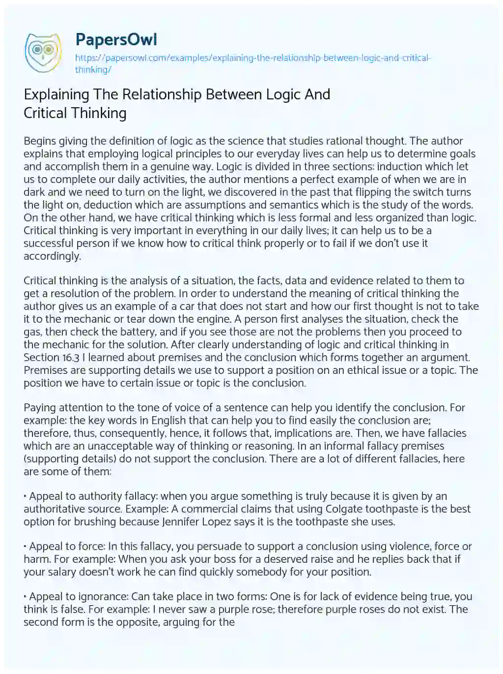 Explaining the Relationship between Logic and Critical Thinking essay