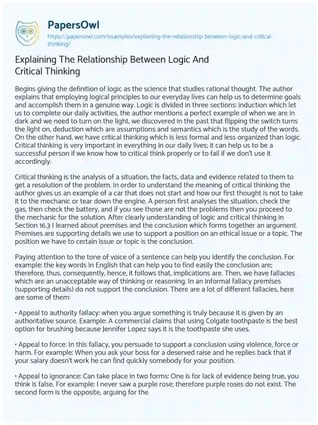 Essay on Explaining the Relationship between Logic and Critical Thinking