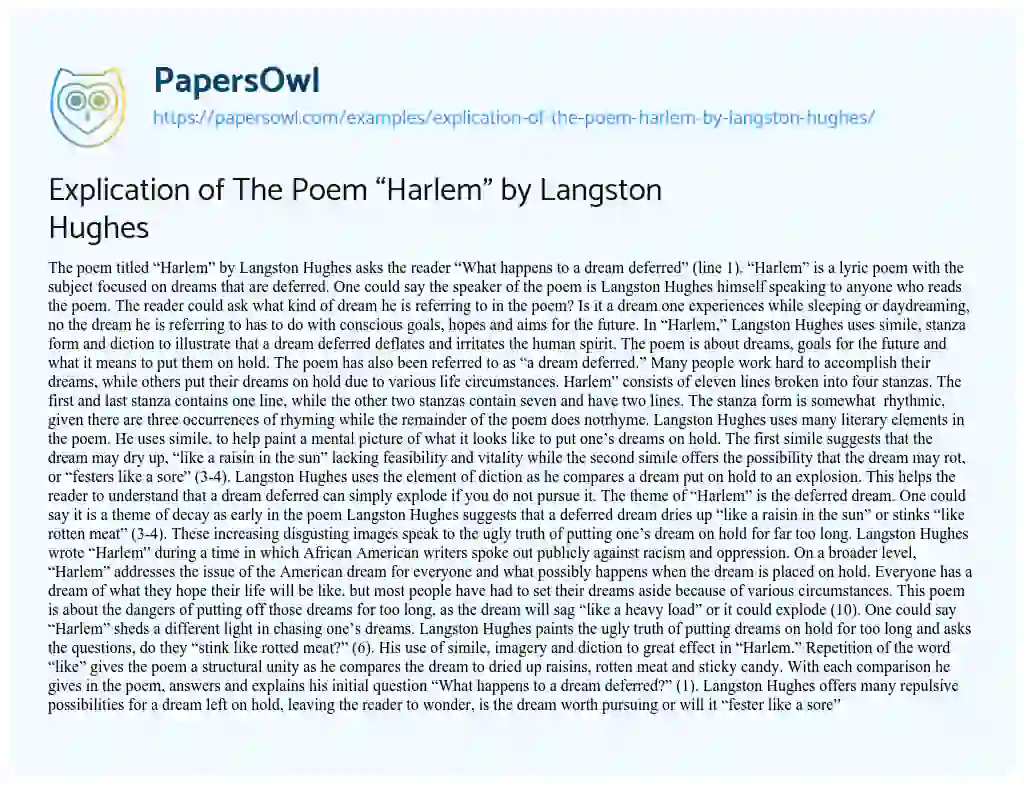 Essay on Explication of the Poem “Harlem” by Langston Hughes