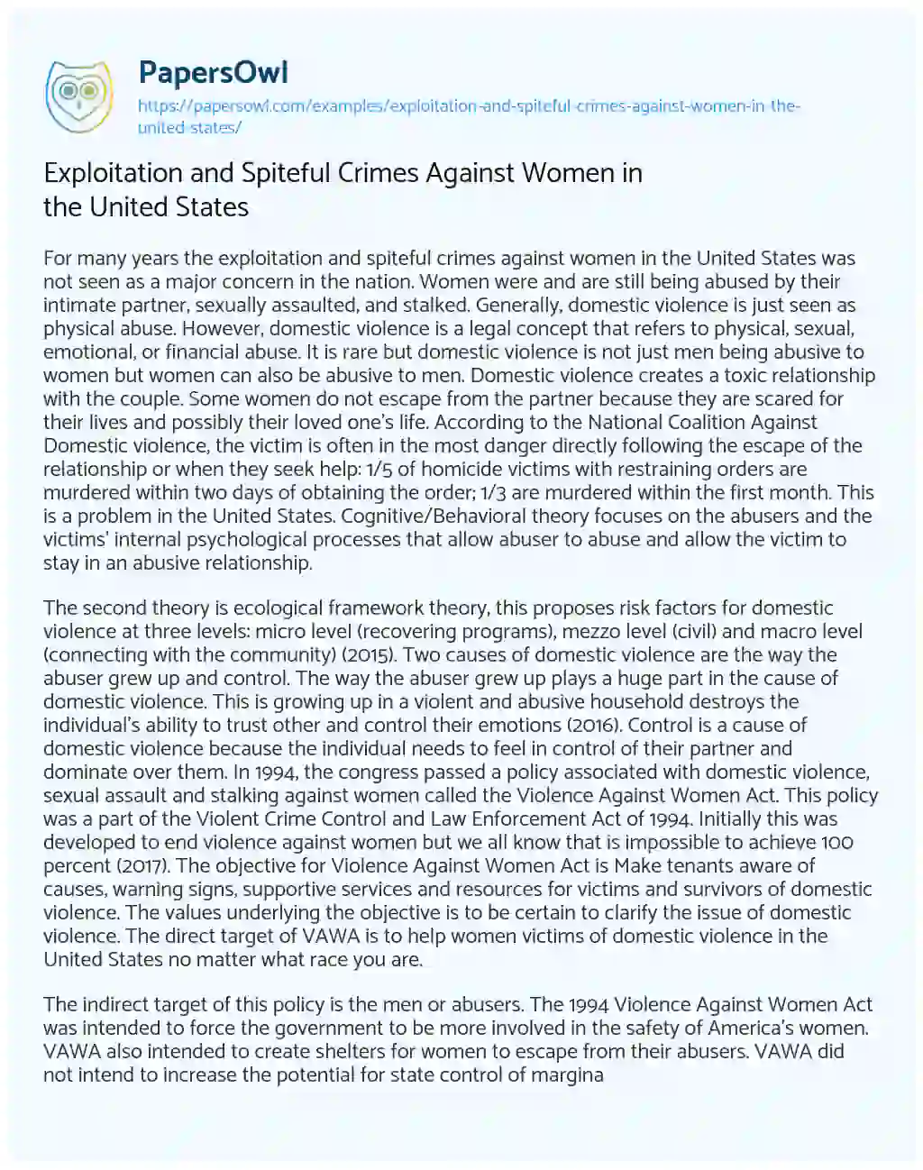 Essay on Exploitation and Spiteful Crimes against Women in the United States