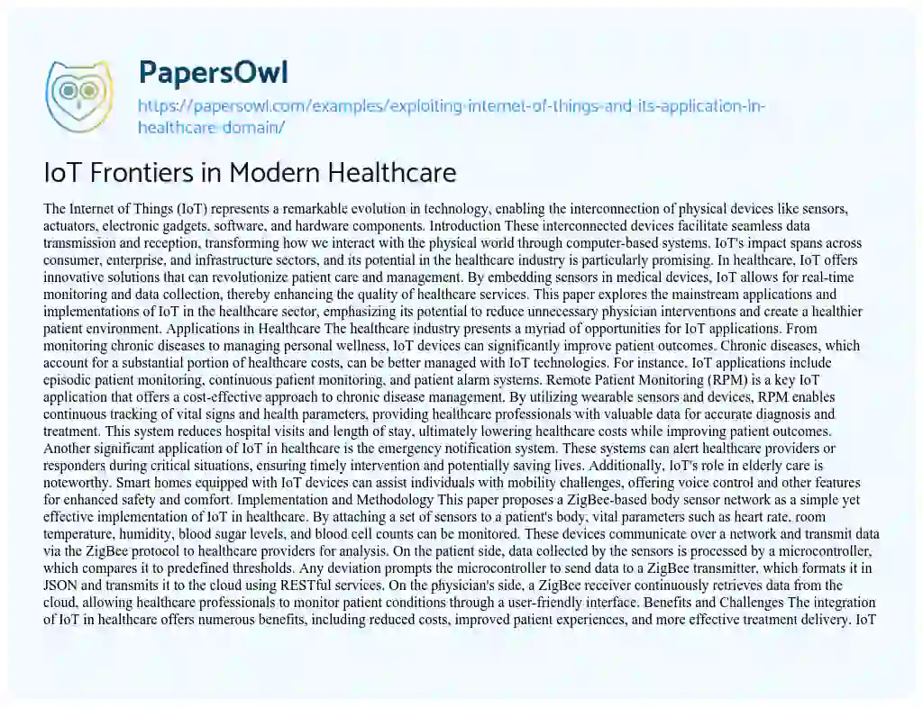 Essay on Exploiting Internet of Things and its Application in Healthcare Domain