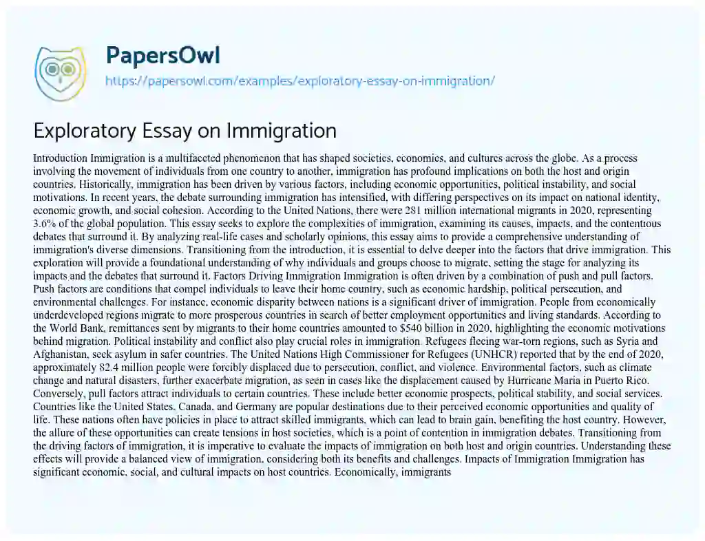 Essay on Exploratory Essay on Immigration
