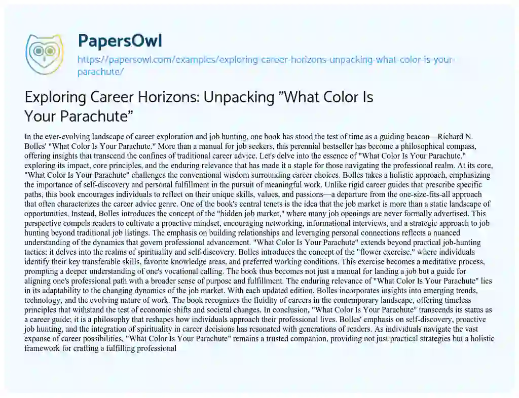 Essay on Exploring Career Horizons: Unpacking “What Color is your Parachute”