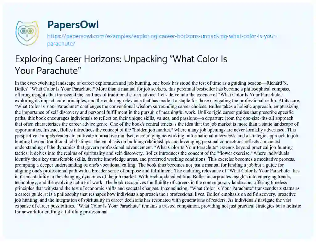 Essay on Exploring Career Horizons: Unpacking “What Color Is Your Parachute”