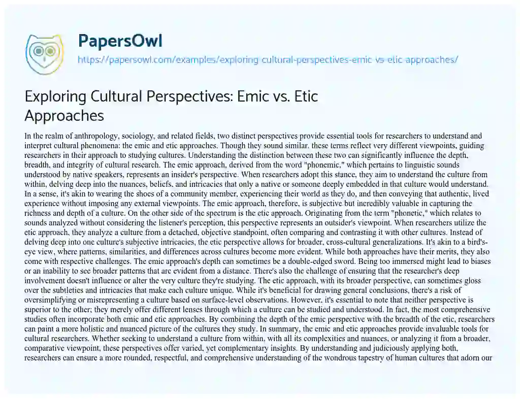Essay on Exploring Cultural Perspectives: Emic Vs. Etic Approaches