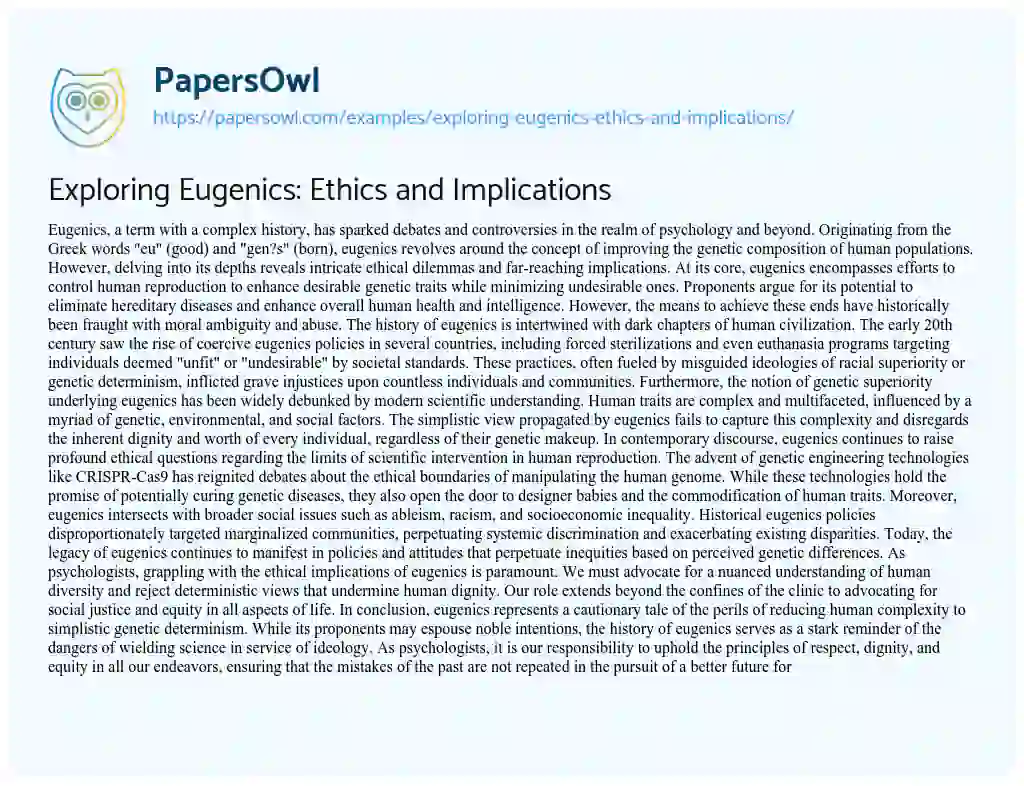 Essay on Exploring Eugenics: Ethics and Implications