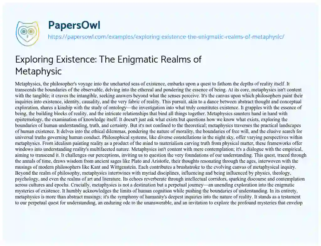 Essay on Exploring Existence: the Enigmatic Realms of Metaphysic