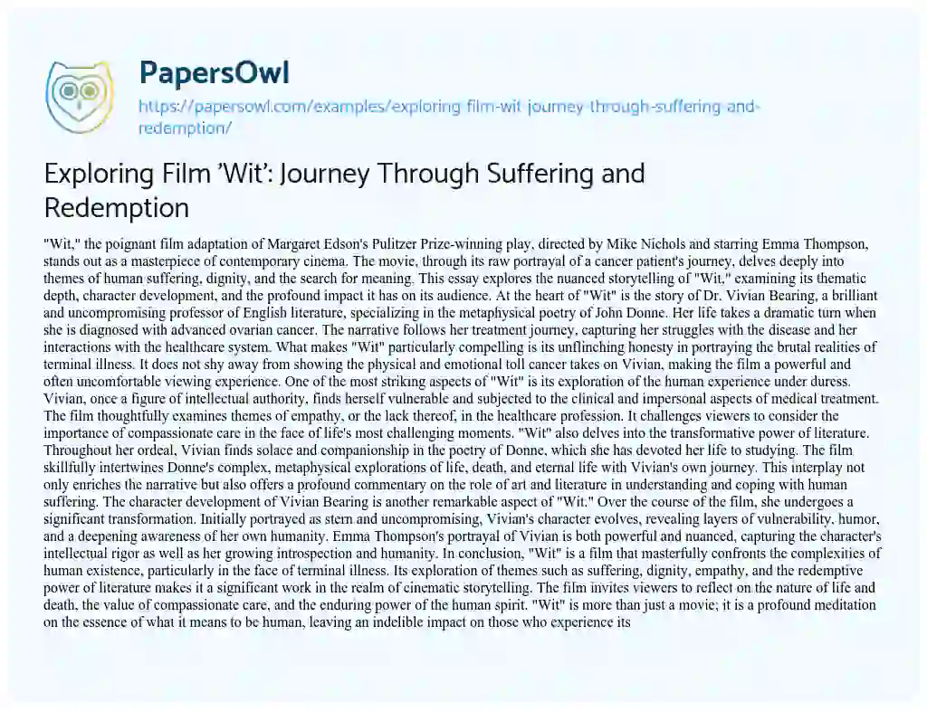 Essay on Exploring Film ‘Wit’: Journey through Suffering and Redemption