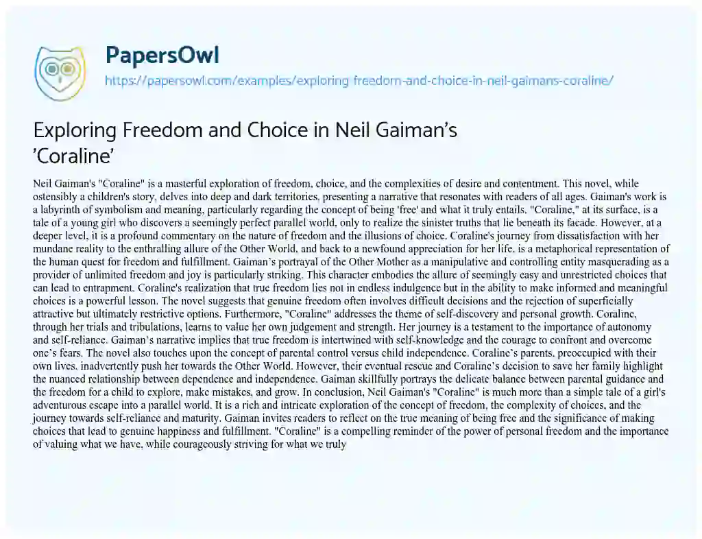Essay on Exploring Freedom and Choice in Neil Gaiman’s ‘Coraline’
