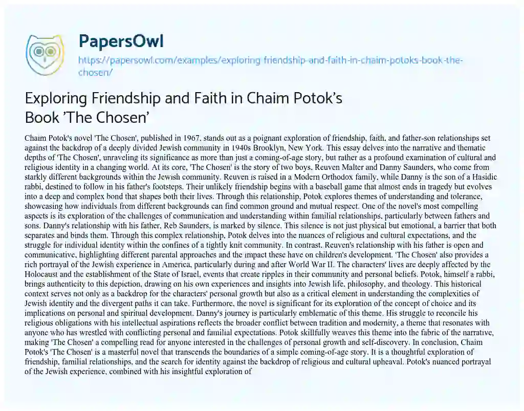 Essay on Exploring Friendship and Faith in Chaim Potok’s Book ‘The Chosen’