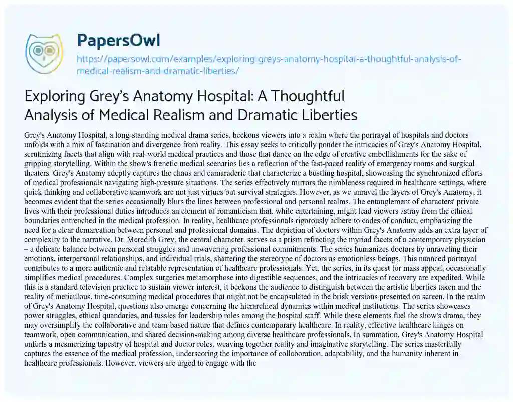 Essay on Exploring Grey’s Anatomy Hospital: a Thoughtful Analysis of Medical Realism and Dramatic Liberties