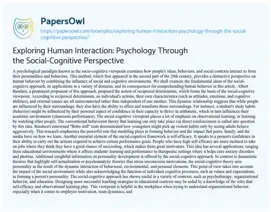 Essay on Exploring Human Interaction: Psychology through the Social-Cognitive Perspective