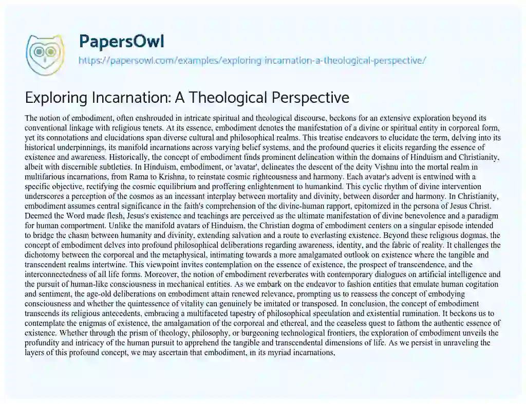 Essay on Exploring Incarnation: a Theological Perspective
