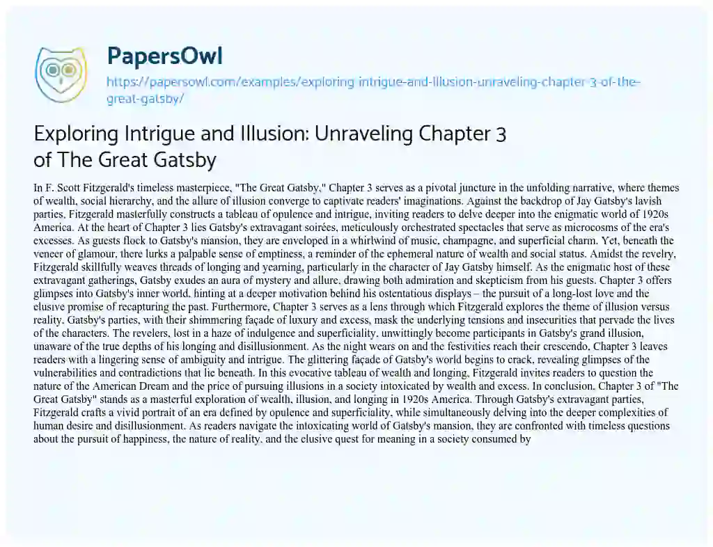 Essay on Exploring Intrigue and Illusion: Unraveling Chapter 3 of the Great Gatsby